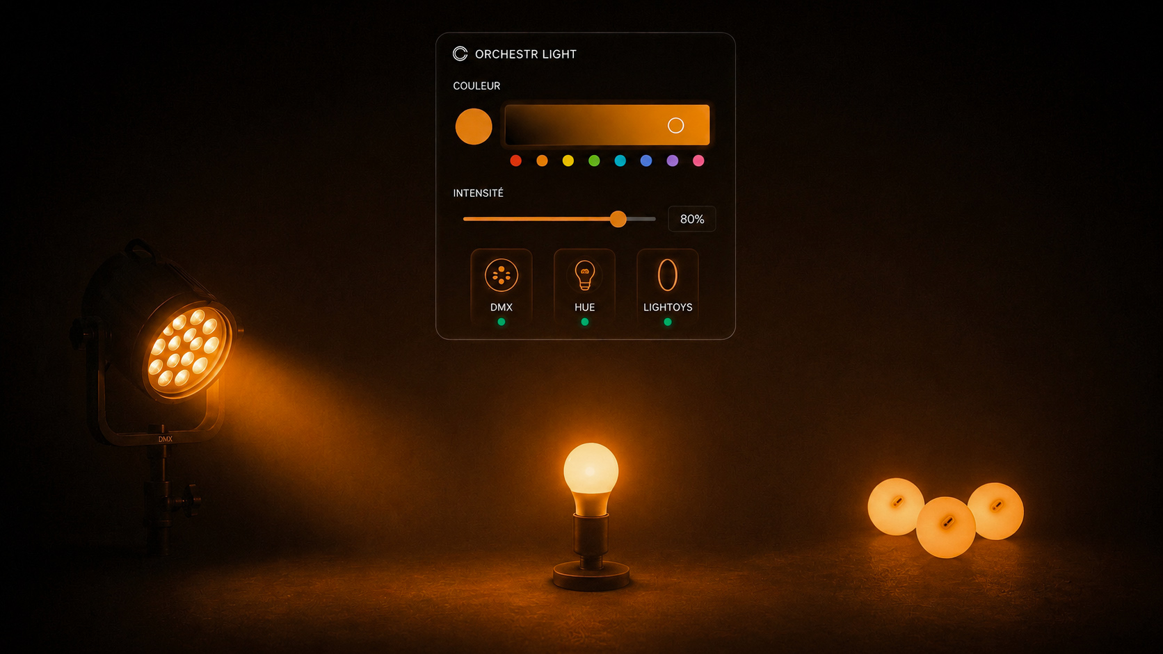 PAR DMX, ampoule Hue et Lighttoys — même intention lumière