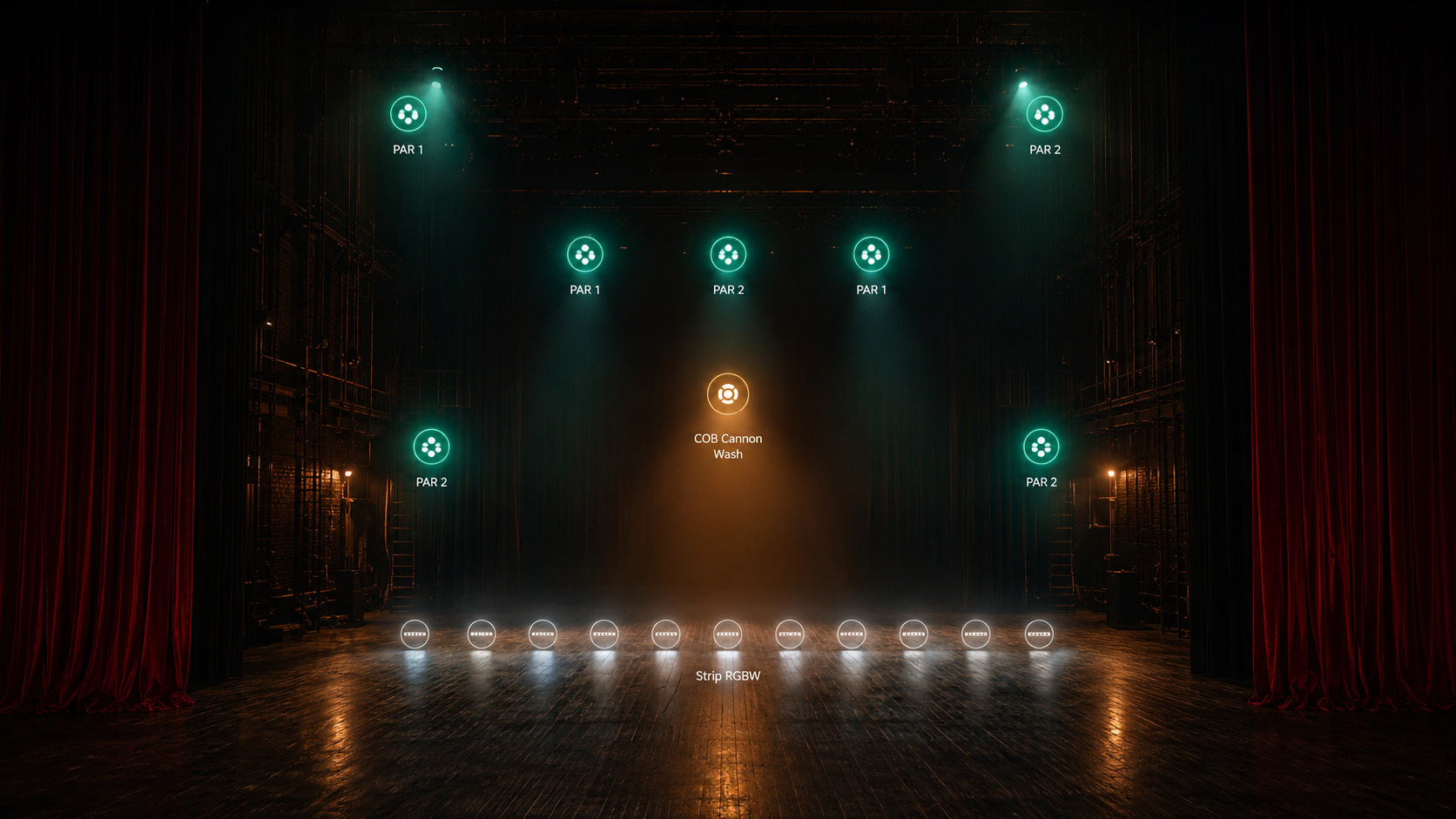 Vue scène avec fixtures lumière en couleur — Orchestr Light
